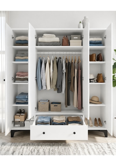 Vento Modern 4 Kapaklı Aynalı Fonksiyonel Yatak Odası & Genç Odası Elbise Dolabı - Beyaz