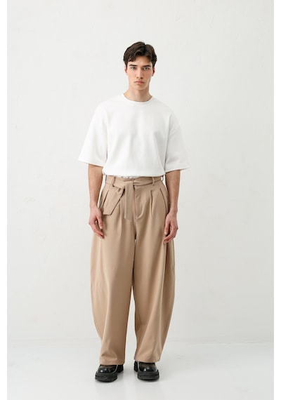 Vamos Barrel Fit Tailored Fit Kemerli Pantolon Bej