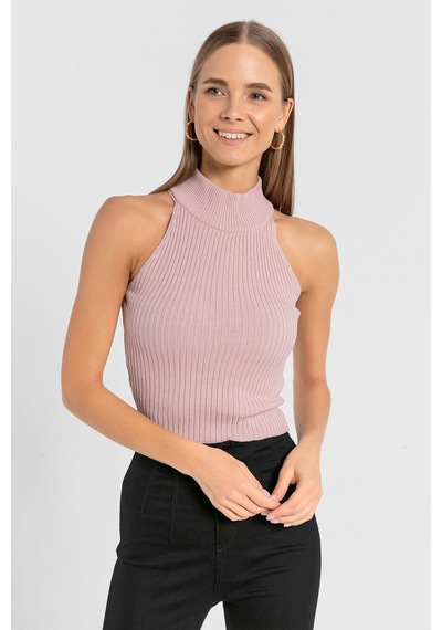 Miss Poem Kadın Kolsuz Slim Fit Boğazlı Fitilli Kısa Antrasit Triko Crop Pudra