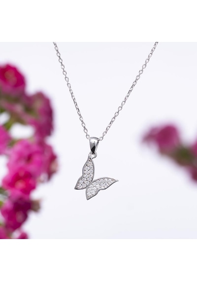 Kelebek Model Zirkon Taşlı 925 Ayar Gümüş Kadın Kolye