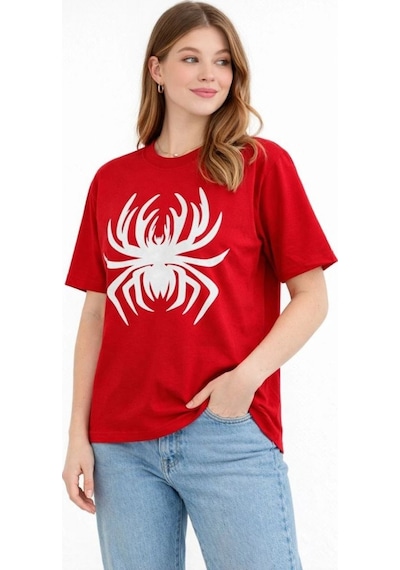 Kadın Örümcek Baskılı Tişört Kısa Kollu Bisiklet Yaka T-shirt - Kırmızı