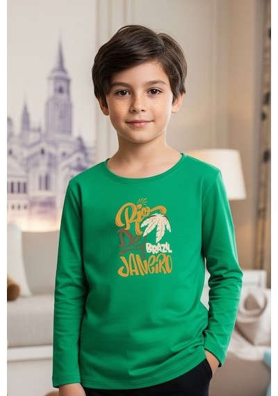 Fyk Kids Sıfır Yaka Rio De Jenerio Baskılı Erkek Çocuk Sweatshirt Yeşil