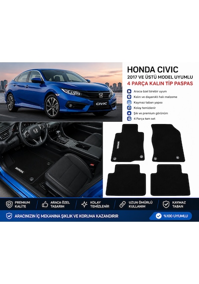 Honda Civic 2017-2022 Fc5 / Fk7 Uyumlu 4 Parça Kalın Tip Siyah Halı Paspas