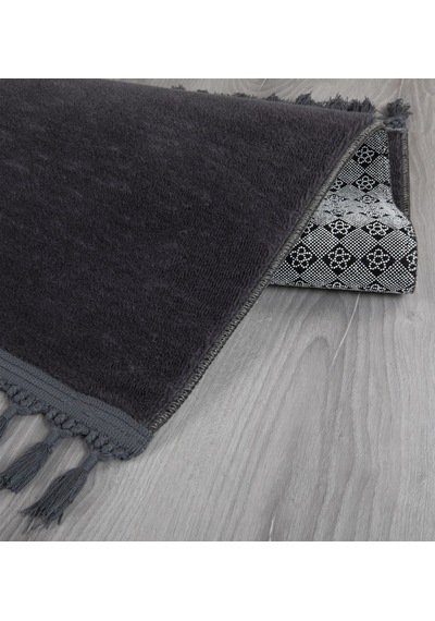 My Evilla Modern Dekoratif Yuvarlak Puffy Peluş Ponpon Saçaklı Salon Oturma Odası Halısı Antrasit