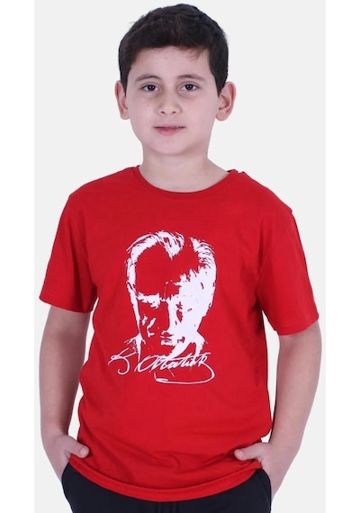 Markahit Atatürk Baskılı İmzalı Kırmızı Unisex Çocuk T-shırt-kırmızı Kırmızı