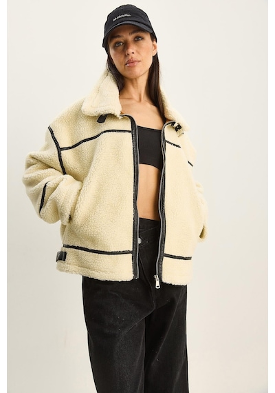 Shade Kadın Suni Deri Biye Detaylı Cepli Teddy Biker Ceket 2370 60281126 - Bej