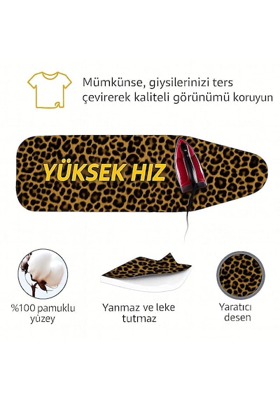 Ütü Masası Kılıfı Keçeli Leopar Desen Battal Boy Xxl Pamuklu Yanmaz Üretim Açık Kahverengi