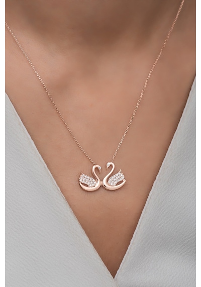 925 Ayar Gümüş Rose Çift Kuğu Kolye Rose Gold