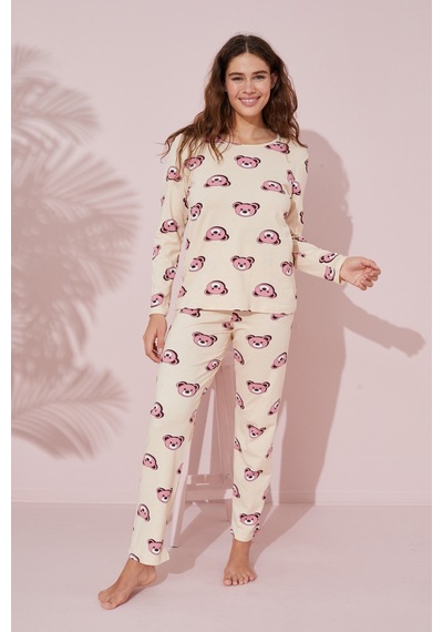 Siyah İnci Pamuklu Örme Pijama Takım 24241114 Krem