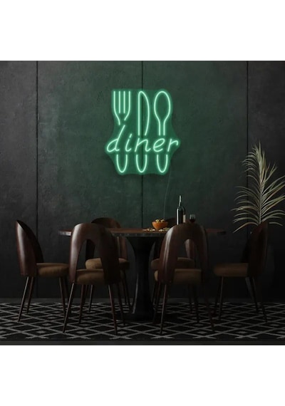 Restoranlara Özel Diner Yazılı Çatal,bıçak,kaşık Şekilli Neon Tabela Yeşil