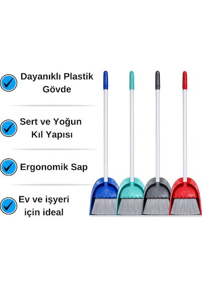 Mulpex Hazneli Süpürgeli Faraş Seti X 12 Adet Uzun Saplı Temizlik Süpürgesi Yoğun Kıllı Fırça