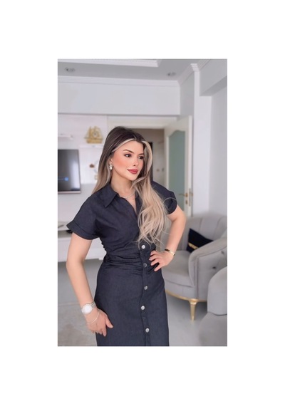 Deniz Beli Büzgülü Düğme Detaylı Denim Elbise Mavi Mavi