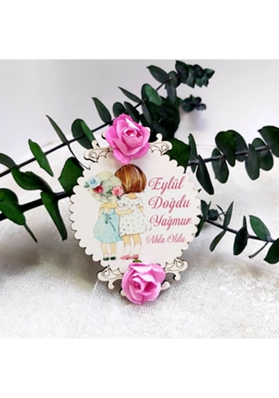Çiçekli Abla Kardeş Ahşap Bebek Şekeri Magnet 30 Adet