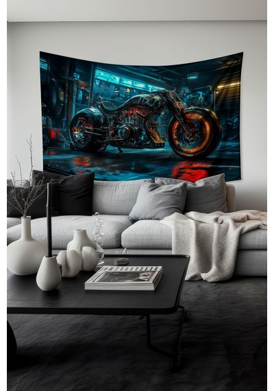 Neon Işıklı Motosiklet Desenli Duvar Halısı Duvar Örtüsü Tapestry Süet Dokulu Kumaş