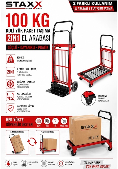 Staxx Ms410st 100kg Katlanır Koli Taşıma Arabası 2in1 Platform El Arabası Katlanabilir Yük Taşıma