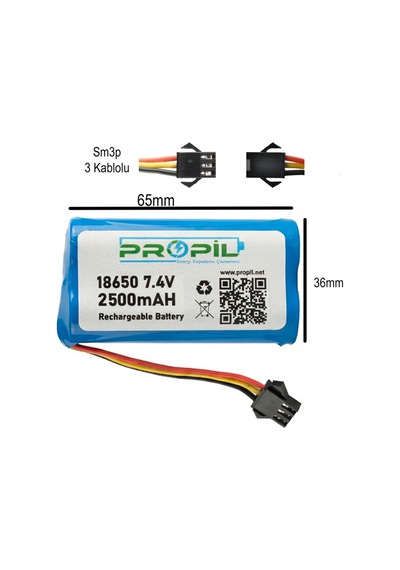 7.4v 18650 Lion 2500 Mah 3 Kablolu Oyuncak Pili Sm3p Soket