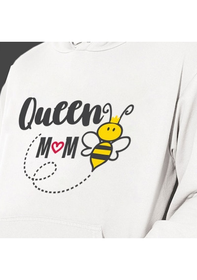 Anneler Günü Queen Mom Baskılı Cepli, Kapşonlu Beyaz Unisex Sw Beyaz