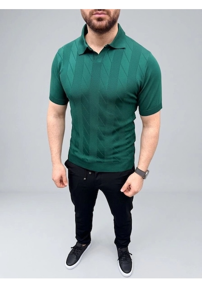 Erkek Yazlık Triko Dokuma Tişört Kısa Kol Polo Yaka T-shirt - Koyu Yeşil