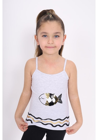 Toontoy Kids Toontoy Kız Çocuk Pul İşlemeli Balık Nakış Askılı Atlet Gri Melanj