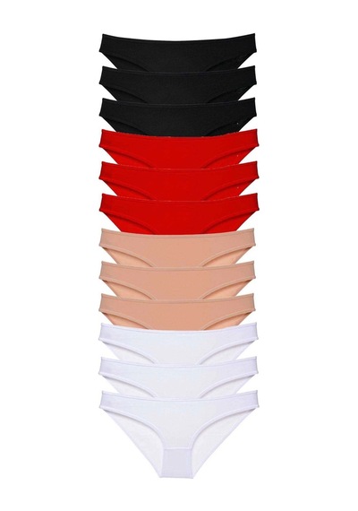 12 Adet Süper Eko Set Likralı Kadın Slip Külot Siyah Kırmızı Ten Beyaz Çok Renkli