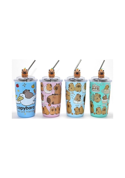 Capybara Figürlü Isı Muhafazalı Metal Pipetli Paslanmaz Çelik Kupa Alk4429 Evimdeyokyok Çok Renkli
