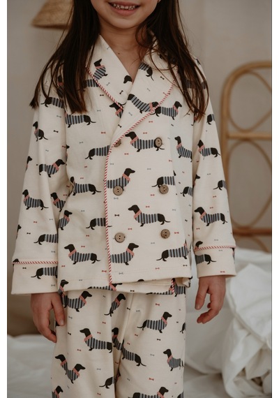 Köpek Baskılı Yaka Detaylı Çocuk Pijama Takımı Krem