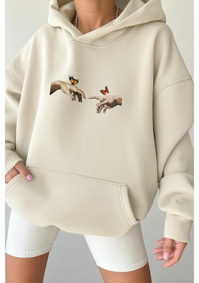Benroma 3 İplik Penye El Parmak Unisex Kapüşonlu Sweat Beyaz