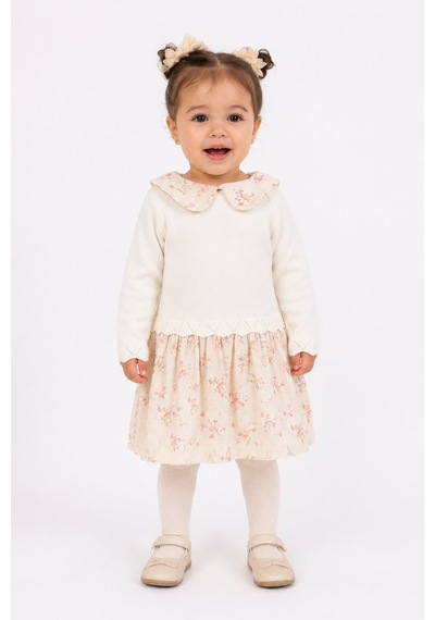 Babyhola Kız Bebek Çiçek Desenli Müslin Triko Takımı 3028 Ekru
