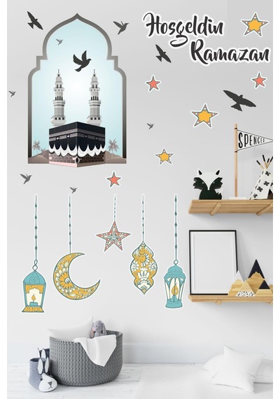 MSticker Hoşgeldin Ramazan Cam Duvar Sticker - Kabe Kuşlar Ve Fener Figürlü Duvar Cam Sticker