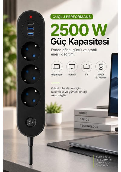 Robeve Blic Termal Akım Korumalı 3 Lü Priz 2500w 1 Usb-c + 2 Us