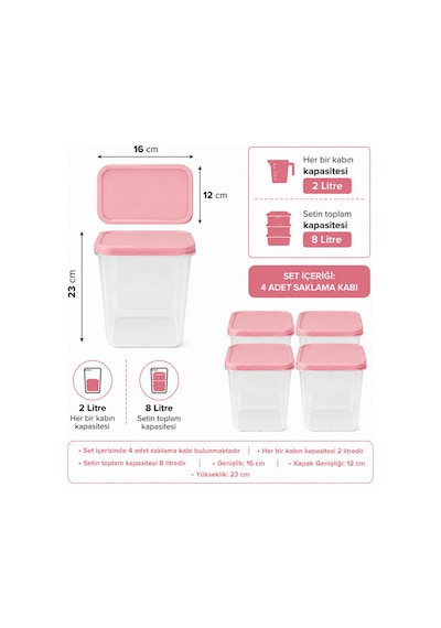 4 Lü Saklama Kabı Seti, 4x2lt ,toplam 4 Litre Kapasiteli Erzak Kabı,iç İçe Geçebilen,kapaklı,plastik Saklama Kutusu,mutfak Düzenleyici,pembe-krem-gümüş Gri Çok Renkli