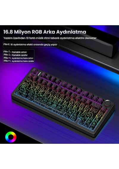 Aula F75 Mekanik Rgb Tkl Seiya Switch Kablosuz Makrolu Hot Swap Klavye Desenli Siyah