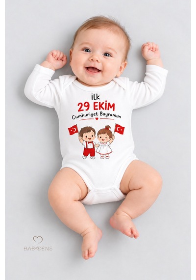 Babyden's İlk 29 Ekim Cumhuriyet Bayramım Baskılı Bebek Çıtçıtlı Body Uzun Kollu %100 Pamuk Unisex Zıbın Badi Beyaz