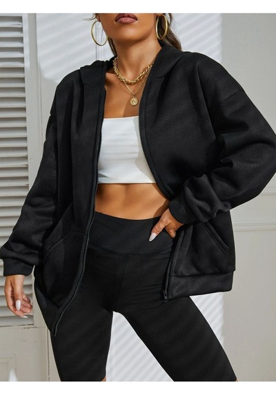Basic Düz Hırka -siyah Oversize Kapüşonlu Siyah