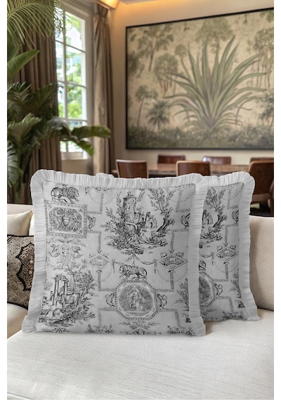 Vintage Toile De Jouy Saçaklı Yastık Kılıfı - Klasik Pastoral Gri Krem Vizon Püsküllü Kırlent Kılıfı Kahverengi