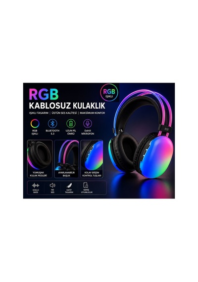 Pg580 Rgb Led Işıklı Bluetooth Kulaküstü Kulaklık Şarjlı Dahili Mikrofonlu Kablosuz Kulaklık Hafıza Kartı Ve 3.5mm Jack Girişli Mp3 Çalar