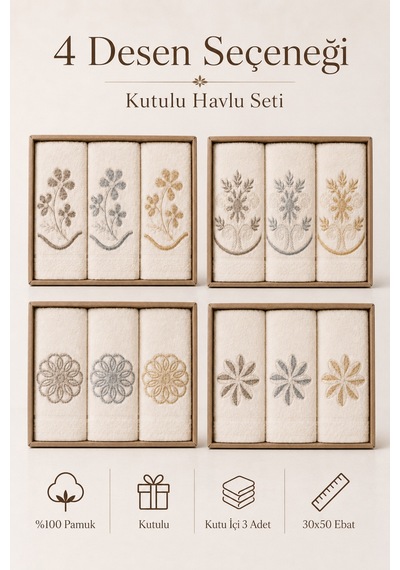 3'lü Kutulu %100 Pamuk Fransız Güpürlü Nakışlı Hediyelik Çeyizlik Mutfak Havlusu 30x50 Ebat Çiçek