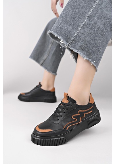 Nesilshoes Nesil Shoes Comfo 101 Siyah Taba Hakiki Soft Deri Kadın Sneakers