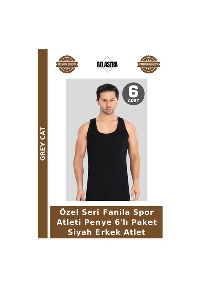 Grey Cat Özel Seri Fanila Spor Atleti Penye 6'lı Paket Siyah Erkek Atlet