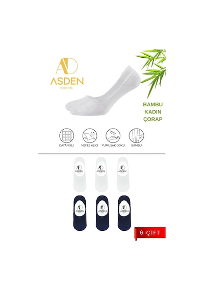 Asden Bambu Kadın Babet Siyah 6'lı Paket, Dikişsiz, Kaydırmaz Silikonlu Topuk 3 Beyaz 3 Lacivert