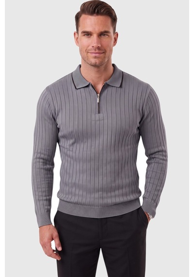 Deepsea Erkek Slim Fit Tüylenmeyen Çizgi Dokulu Füme Triko Kazak Fermuarlı Polo Yaka 2700401 Deepsea Erkek Slim Fit Tüylenmeyen Çizgi Dokulu Füme Triko Kazak Fermuarlı Polo Yaka 2700401
