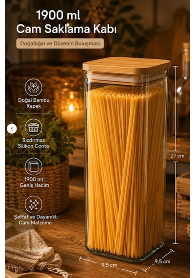 Porsima 7-3 Bambu Vakumlu Kapaklı Kare Borsilikat Cam 6lı Kavanoz Seti Saklama Kabı 1900ml 9,5x27cm Ahşap - Şeffaf