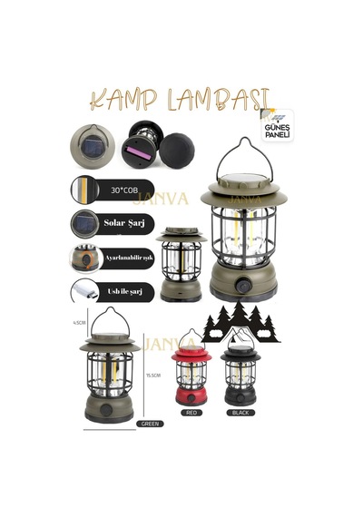 Janva Güneş Panelli Enerjili Solar Nostaljik Ledli Kamp Feneri Lamba Işıldak Usb Şarjlı Dekoratif Fener Yeşil