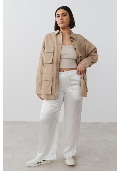 Madmext Beyaz Beli Büzgülü Saten Bol Paça Kadın Pantolon Mg2019-beyaz Beyaz