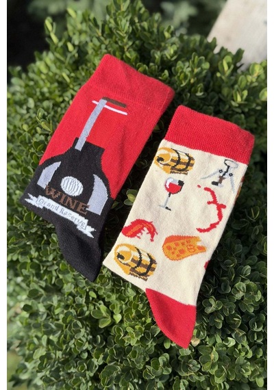 Lousocks Unisex Sağlı Sollu Şarap Desenli Kırmızı Soket Çorap
