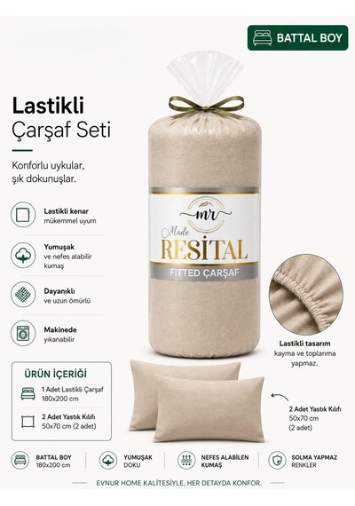 Resital Lastikli Çarşaf Seti Battal Boy Bej