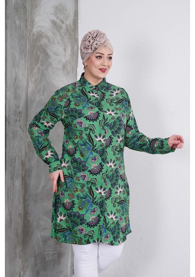 Polologin Butik Zümrüt Yeşil Bitki Desenli Gömlek Tunik Zümrüt Yeşili