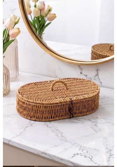 Rattan Hasır Kapaklı Çok Amaçlı Organizer Sepet M-1712 Diğer
