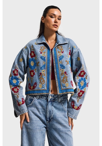 it's basic Kadın Kot Rengi 3s6-32 Bol Kesim Özel Nakış Desenli Tasarım Denim Ceket