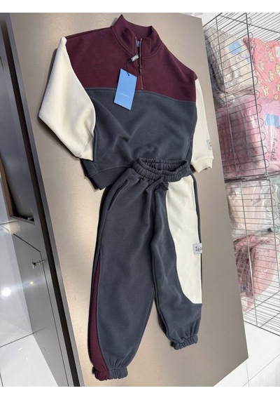 Magu Çocuk Pamuklu Fermuarlı Renk Bloklu Sweatshirt Ve Eşofman Altı Takımı Çok Renkli